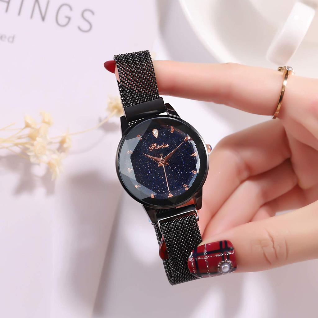 RORIOS Watch Watch Starry Sky Dial Glitter Waterproof Mesh Band Magnetic Buckle Quartz Casual Stylish Commuting To Work or School Black Women's