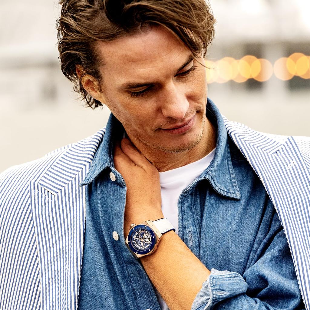 Angel Clover Time Craft Japan Made Ceramic Automatic Men's Watch TCJ45PBU-WH Skeleton Blue Dial Stainless Steel Leather Band 45mm 10ATM Mineral Glass
