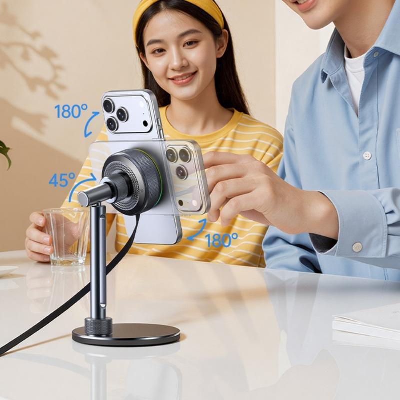 15W Wireless Fast Charging Stand Bracket for Phone 17 16 Aluminum Construction Desktop 360 Degree Rotating Phone Stand