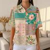 Damen Lässiges Kurzarm Waffelstrick Poloshirt Knopfleiste Patchwork Blumenprint Leichtes Oberteil