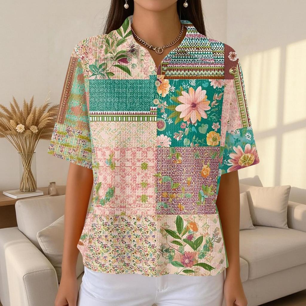 Damen Lässiges Kurzarm Waffelstrick Poloshirt Knopfleiste Patchwork Blumenprint Leichtes Oberteil