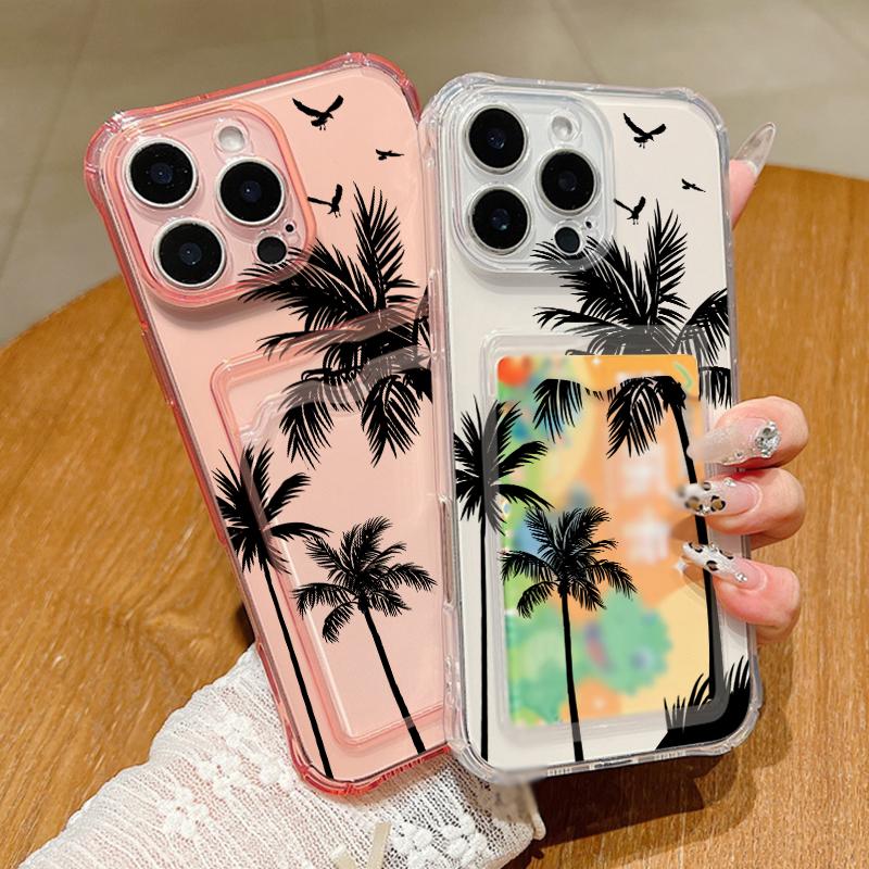 Husă Transparentă cu Model Palmier de Cocos cu Slot pentru Card pentru iPhone 16 Pro Max 16E 15 Pro 14 13 12 11 Subțire Antishock Silicon Moale Husă Telefon