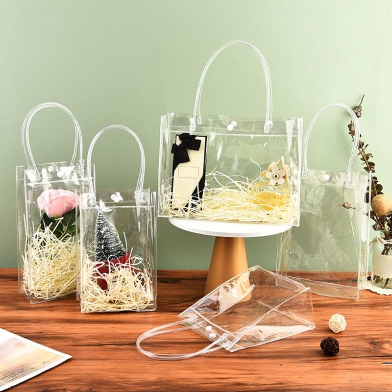 Clear PVC Gift Bag with Handle,Small Transparnt Gift Wrap Bag,Clear Toted Bag Reusabled Shopping Bag for Merchandise