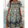 Women V Neck Short Sleeve Floral Print Dress Boho Bohemian Summer Holiday Midi Dress