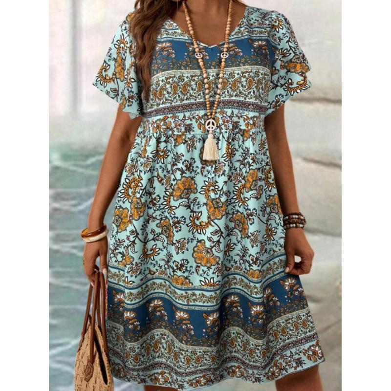 Women V Neck Short Sleeve Floral Print Dress Boho Bohemian Summer Holiday Midi Dress