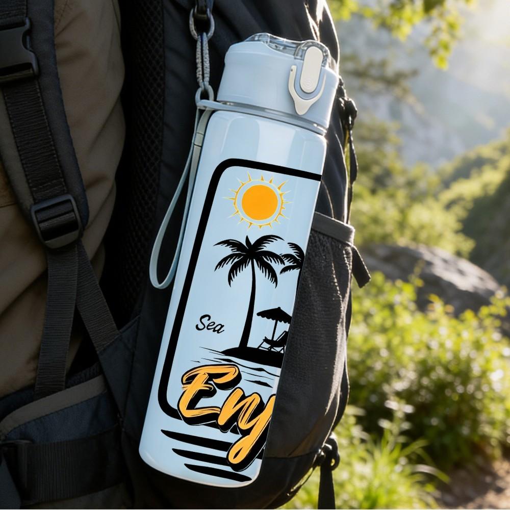 1PC Enjoy Beach Palm Tree 750ml Color Plastic Sports Water Bottle Leakproof Flip Straw Lid Suitable for Sports Office Home Use