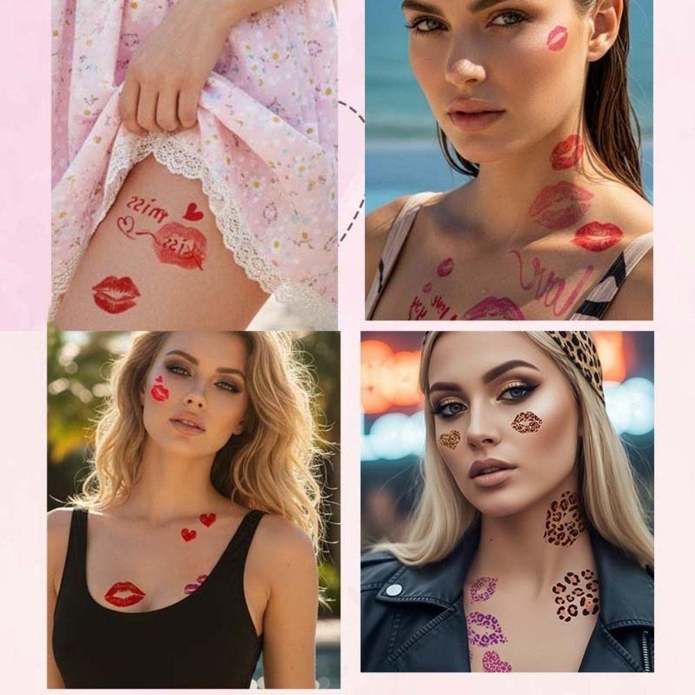 Leopard Print Lips Face Temporary Tattoos Disposable Makeup Stickers Valentine's Day Party