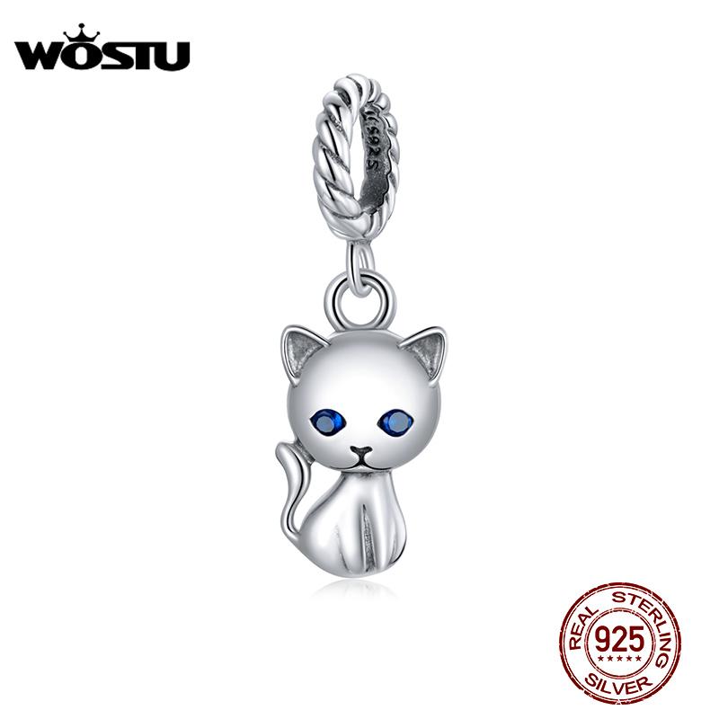 WOSTU 925 Sterling Silver Charms Animal MINI Pendant Cute Cat Bead Fit New Bracelet For Women DIY Jewelry CQX122