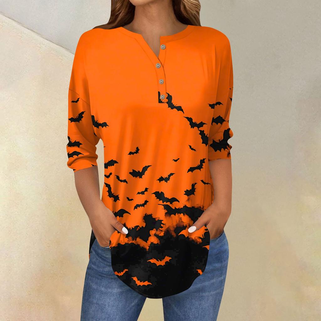 Women's Fashion Loose Button Collar Halloween Print Long Sleeve T-Shirt Top Pullover