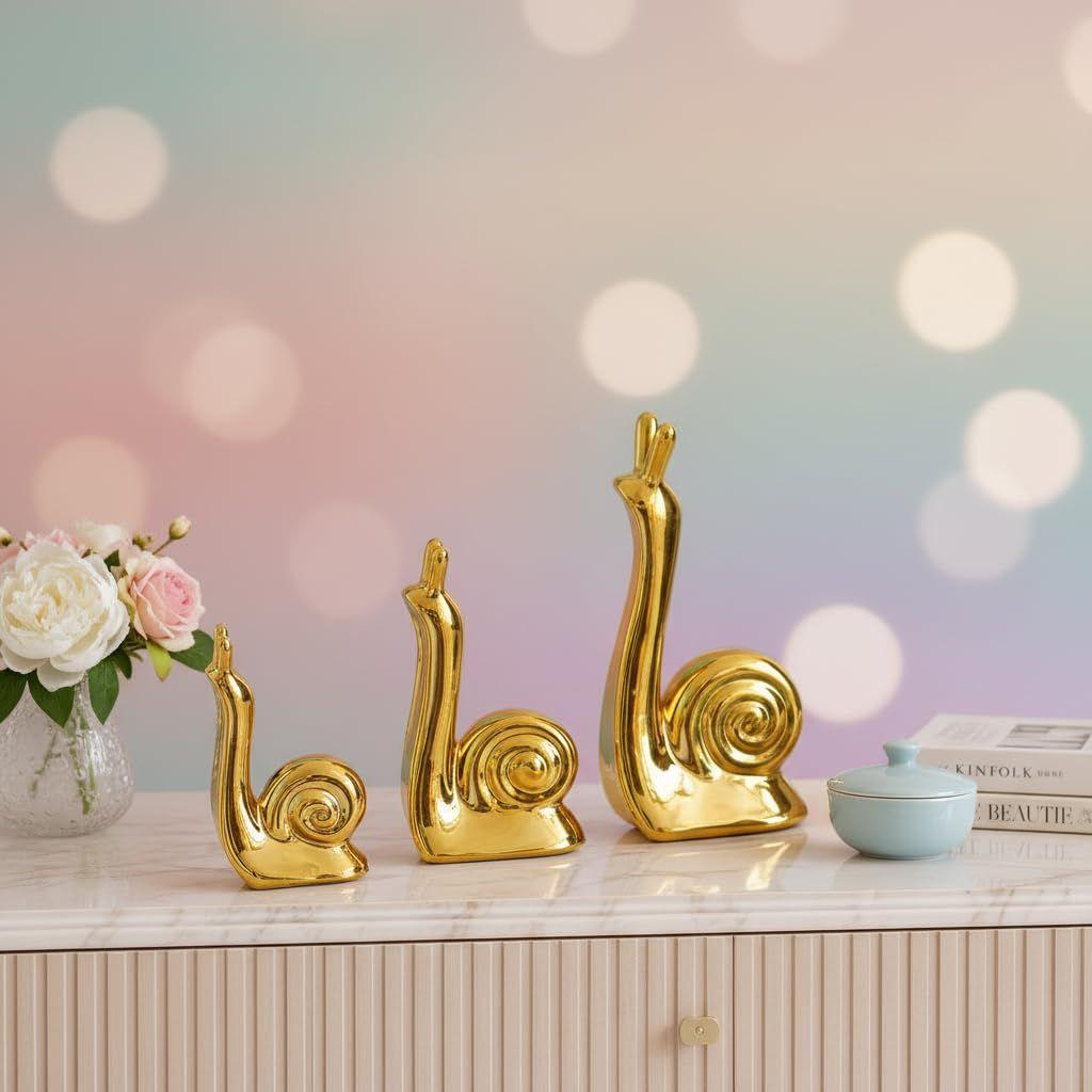 Home Decor Snail Family Ceramic Finish Figures - (Set of 3 Piece, Golden)