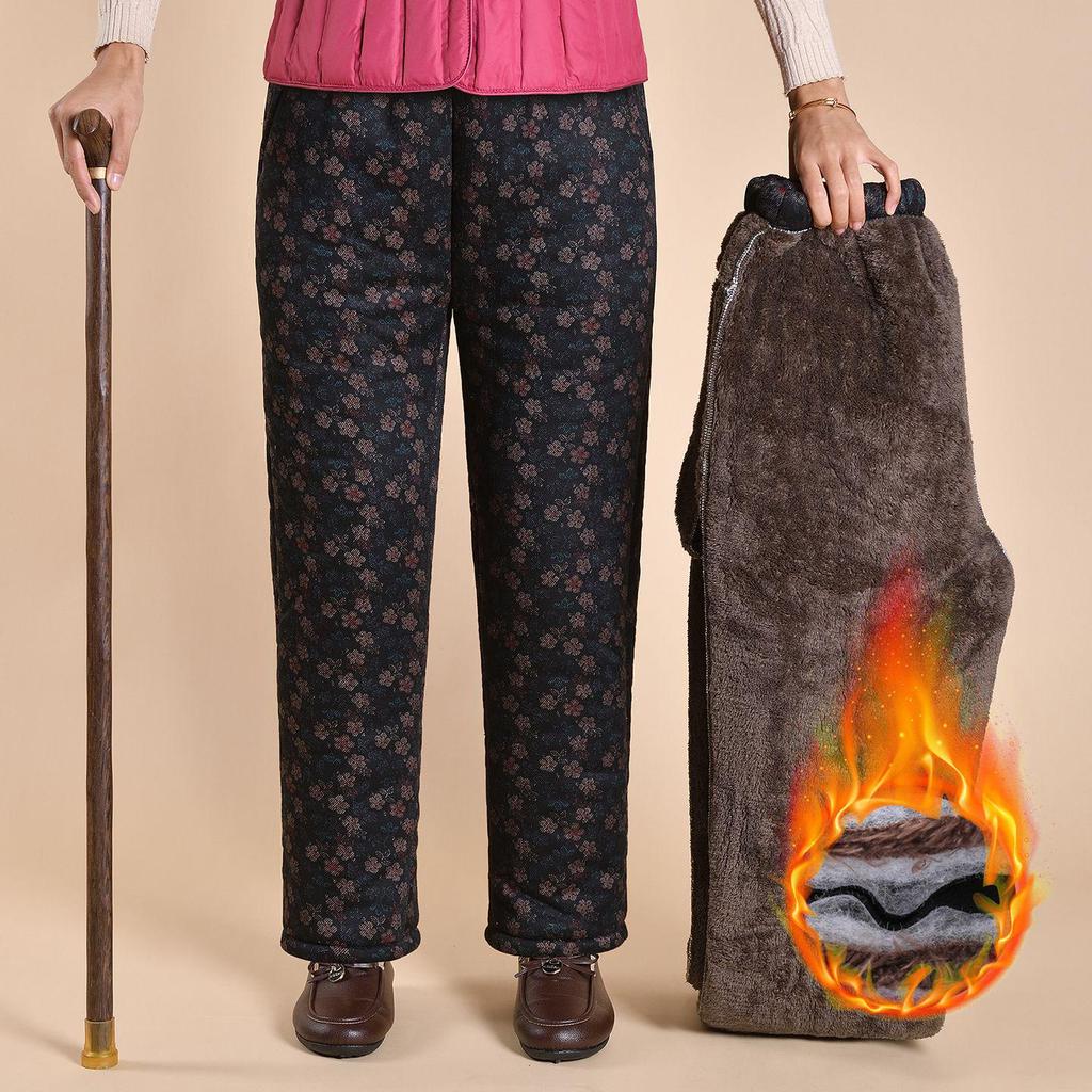 Grandma's Warm Cotton Fleece Pants: Cozy, Loose-Fitting Floral Design for Middle-Aged and Elderly, Ideal for Autumn and Winter Wear.