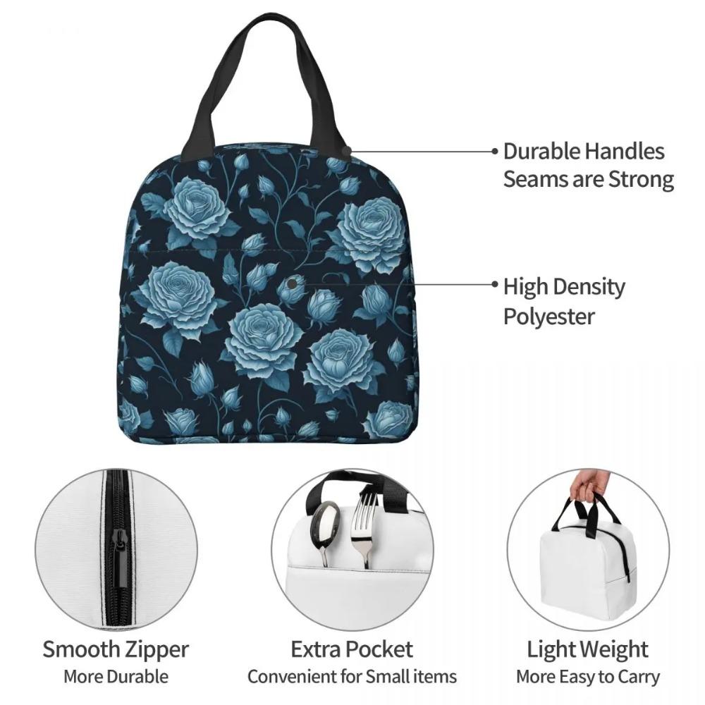 Vintage Blue Rose Pattern Insulated Lunch Bag for Women Kids Portable Food Boxes Thermal Lunch Box Tote