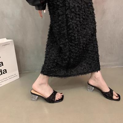 French Crystal Thick-heeled Slippers Women's Summer Wear 2025 New Fashion Fairy Wind Rhinestones Silver High-heeled Sandals