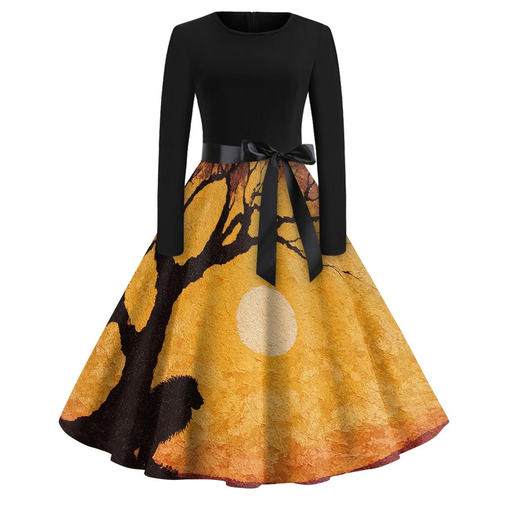 Women Vintage Halloween Print Long Sleeve Crew Neck Dress with Belt Retro Casual Fit and Flare Midi Dress for Holiday Party