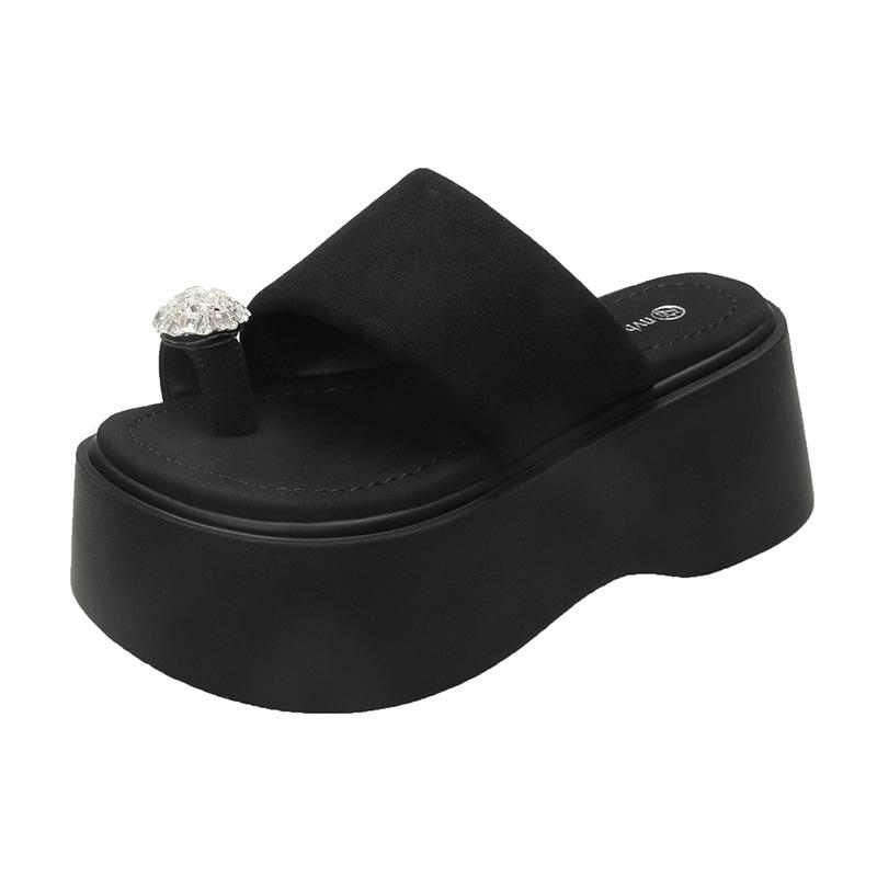 

2025 new summer rhinestone cover toe cool slippers women wear fashionable thick-soled high-heeled lightweight one-word slippers 34 чёрный