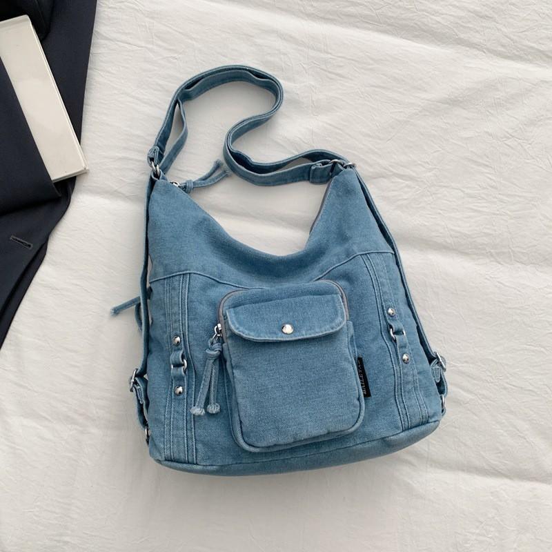 Denim Square Backpack Women Large Capacity Shoulder Bag Travel Tote With Zip Stitched Detail