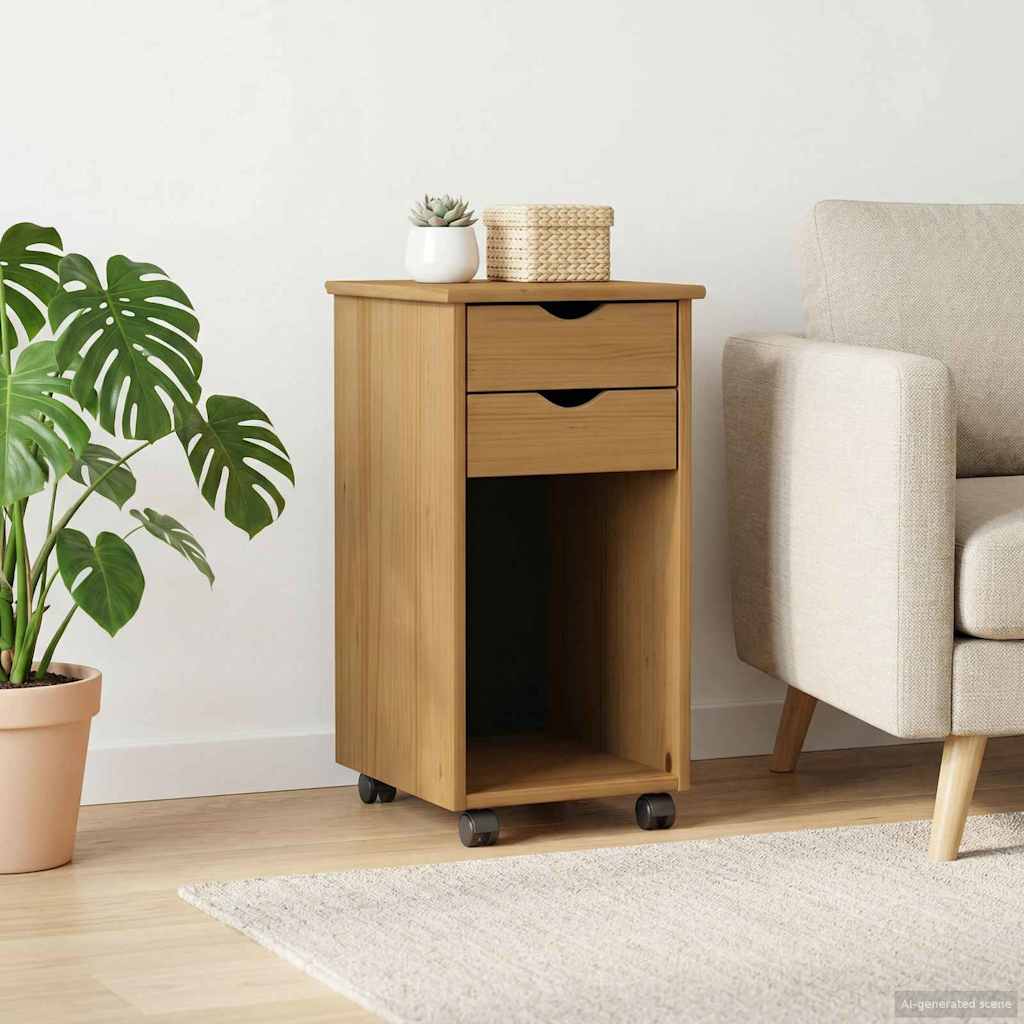 Honey Brown Rolling Cabinet 34 x 39 x 65.5 cm Solid Pine Wood