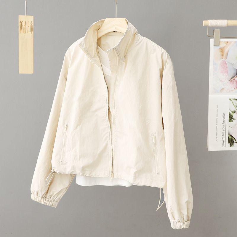Women's High Collar Spring & Autumn Windbreaker: Lightweight, Solid Color, Short Cardigan - Fashionable Belly-Covering Jacket for 2025.