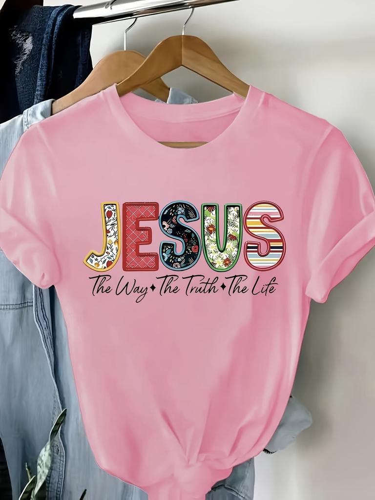 T-shirt Women's Casual Crewneck T-shirt Colorful Letter Jesus rint  with Short Sleeves Soft Fabric Comfortable for All Seasons