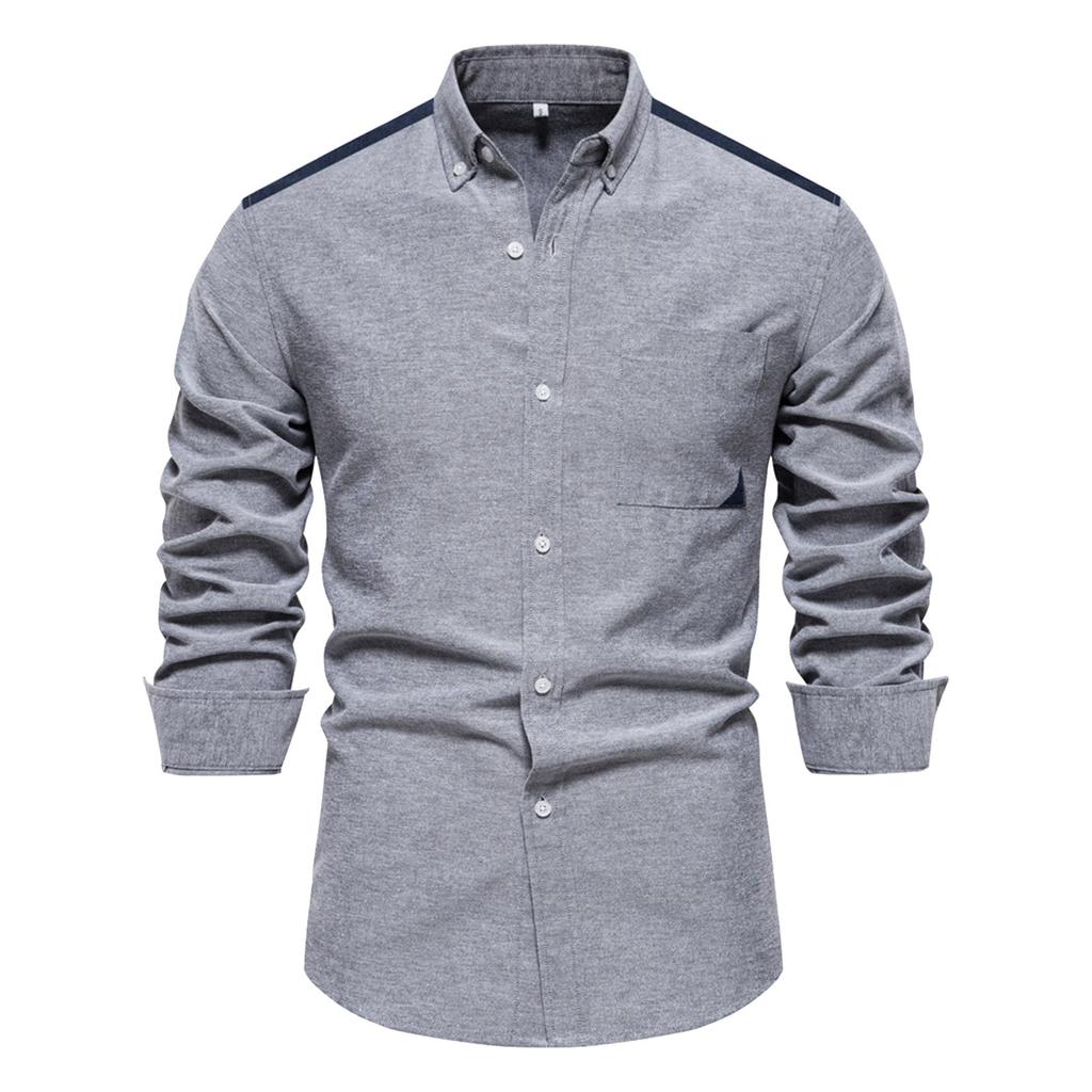 Men's Oxford Textile Shirt Casual Versatile Fashion Color Blocking Long Sleeved Top