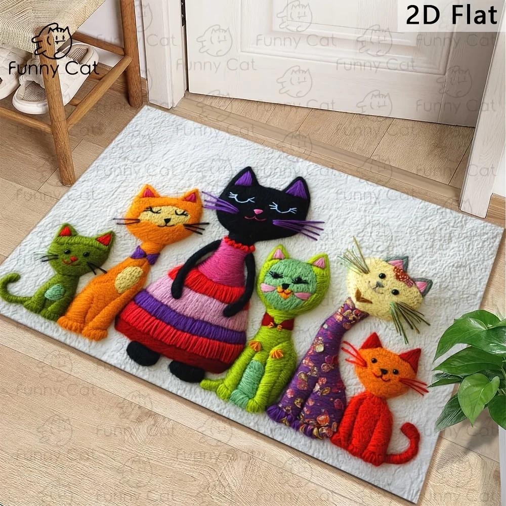 Handmade 2D Style Six Cats Print Entrance Doormat Colorful Kitty Pattern Non Slip Bath Rug Decorative Floor Carpet 1PC
