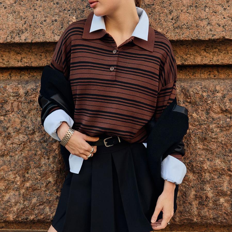 Gestreckte Strickware Herbst Neu Amerikanischer Retro Color-Block Gestreiftes Polokragen Strick-T-Shirt