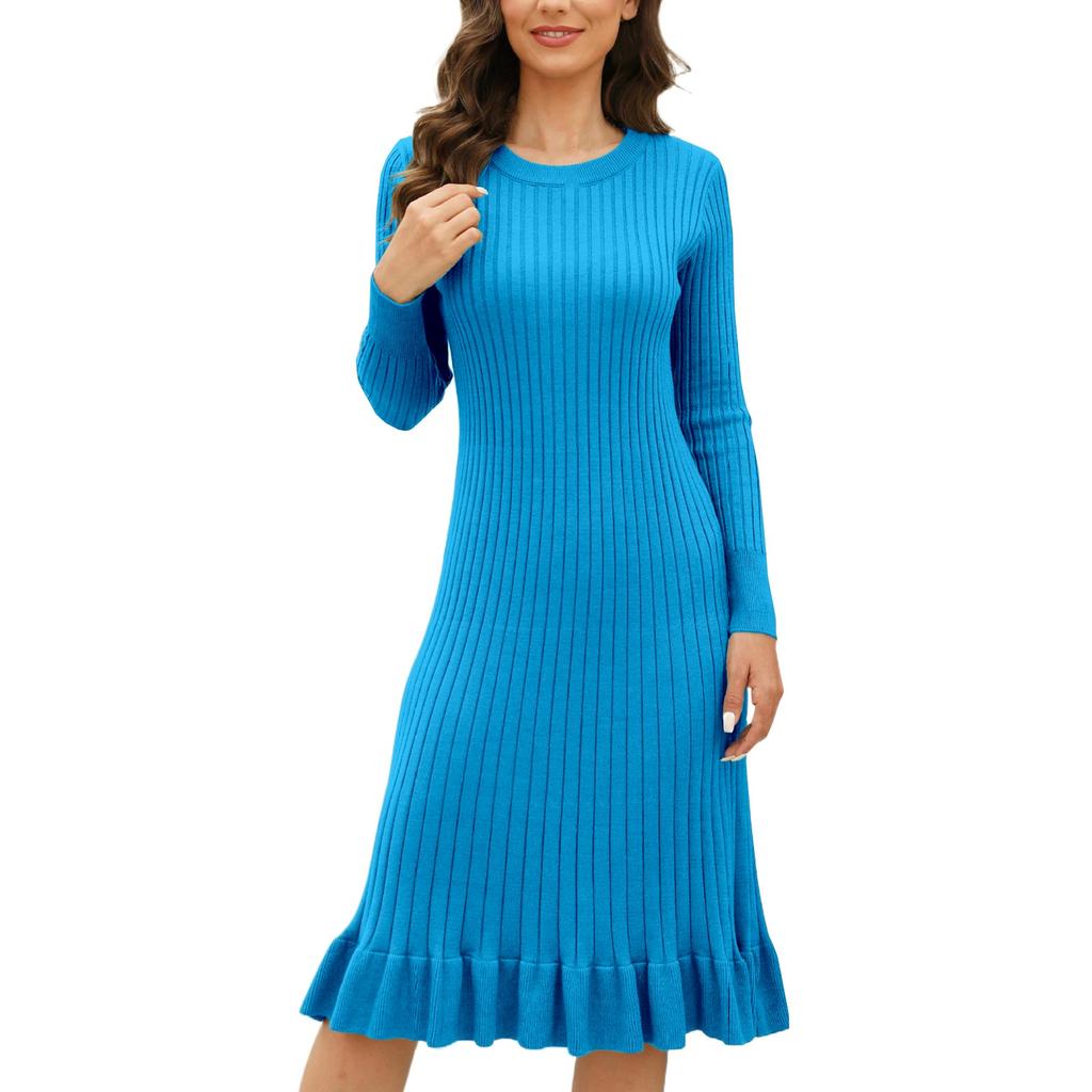 Women's Fashion Autumn Winter Slim Mid-length Knitted Pullover Ruffled Pleated Dress Pleats