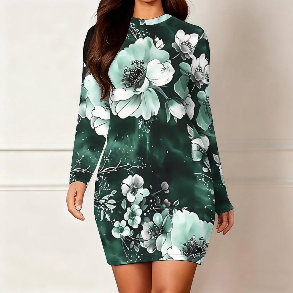 2025 Outono e Inverno Novo Estampa Floral 3D e Tingimento Moda Feminina Manga Longa Gola Redonda Vestido Envolvente de Quadril Dia dos Namorados Limitado