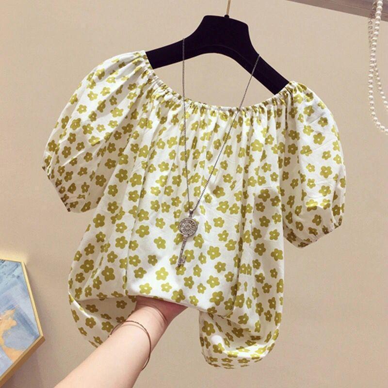 Summer one-word shoulder top large size women's clothing summer loose floral foreign style collar short-sleeved chiffon shirt fat summer thin