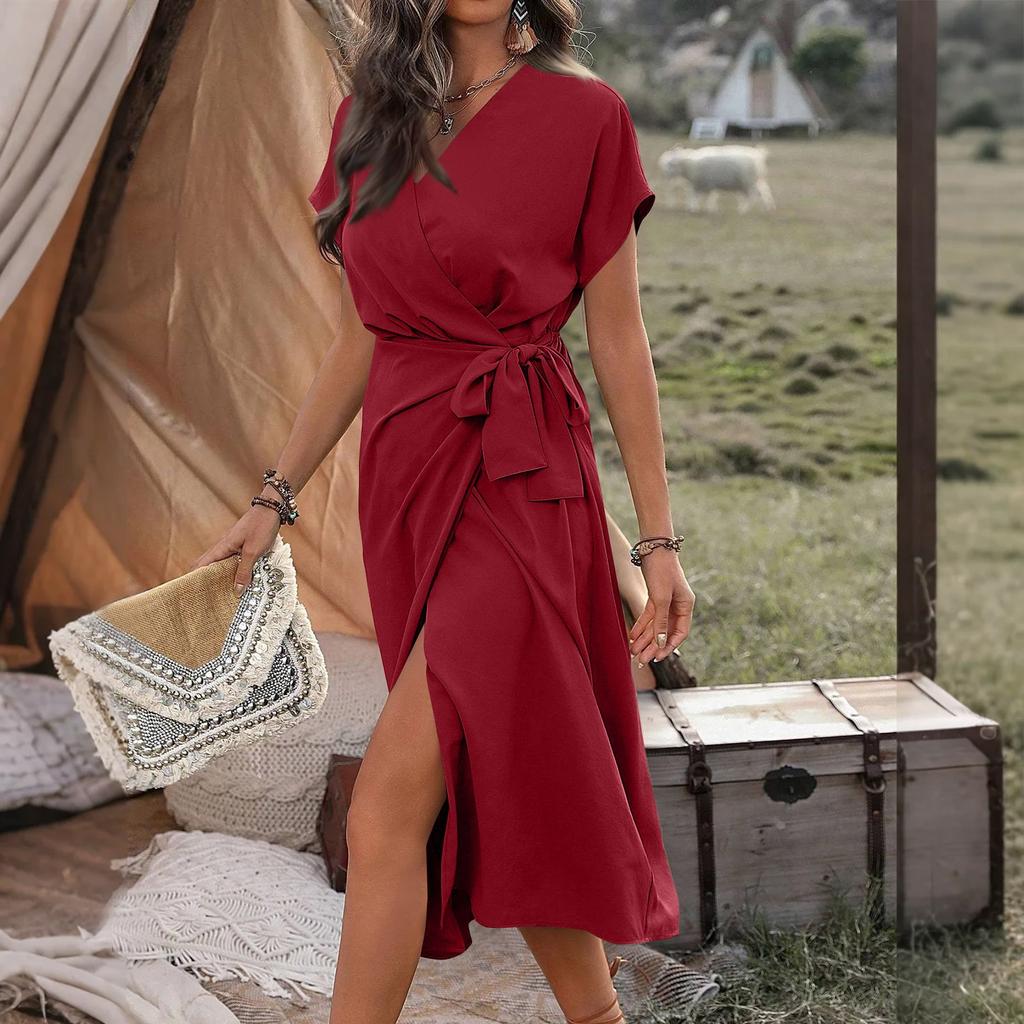 Women's V Neck Wrap Dress Twisted Slit Pleated Waist Tie Short Sleeve Summer Midi Dresses