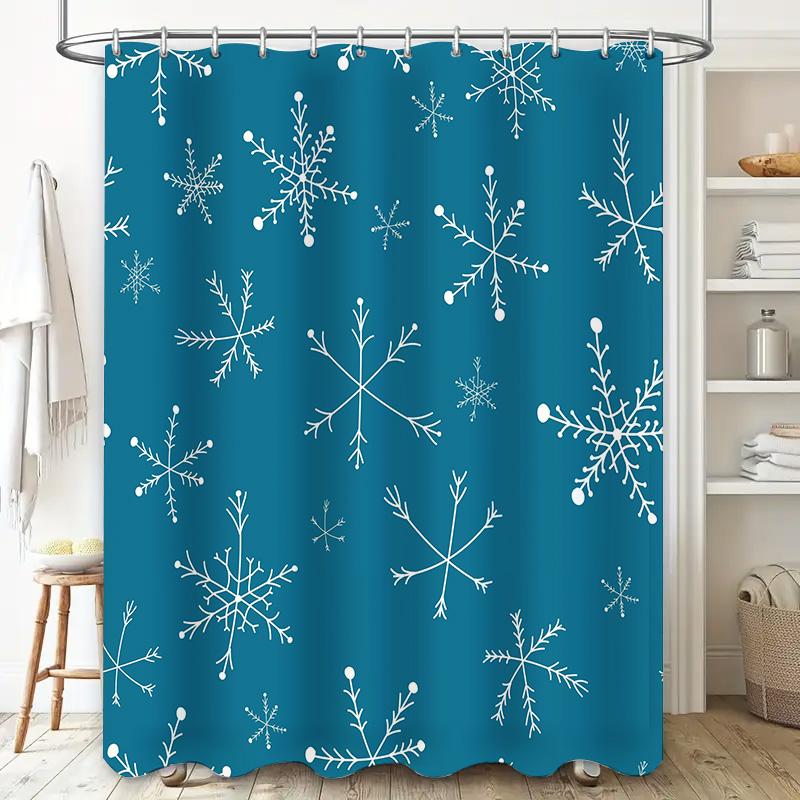 Christmas Snowflake Shower Curtainwaterproof Fabric Decoration For Bathroom White Blue Floral Design (180X234Cm)