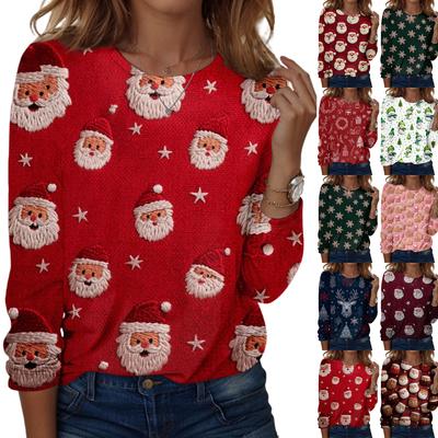 Kadın Modası Günlük Uzun Kollu Noel Baskılı Yuvarlak Yaka Üst