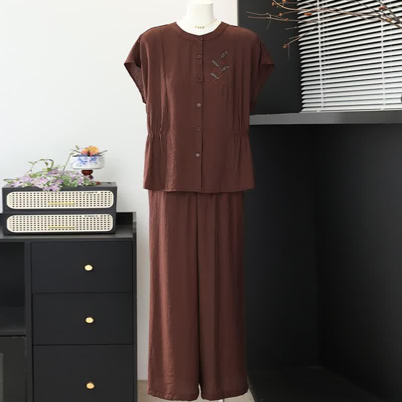 Yuzhaolin Summer Embroidered Loose Polyester Two-Piece Set for Women
