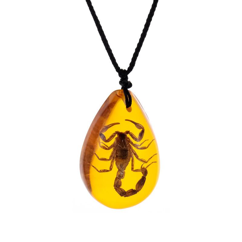 1 Pc Large Water Droplet Amber Pendant, Animal Fossil Insect Scorpion Necklace, Personalized Sweater Chain For Women
