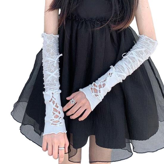 Women Retro Fingerless Gloves Gothic Lace Arm Sleeves with Straps Ruffled Lace-up Wrist Cuffs for Cosplay Prom Daily Wear