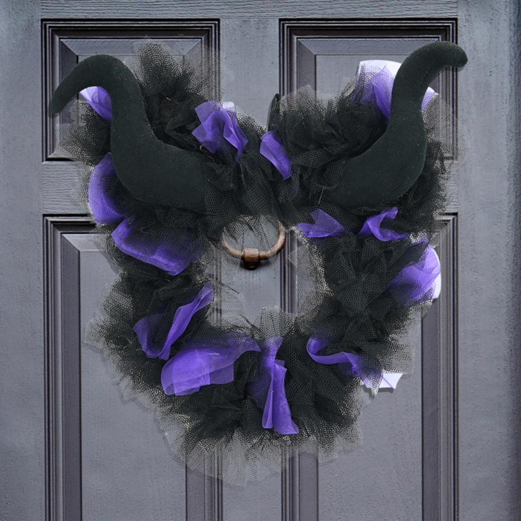 Halloween Black Purple Mesh Decoration Wreath LED Green Light Decoration Horn Funny Lintel Layout Pendant