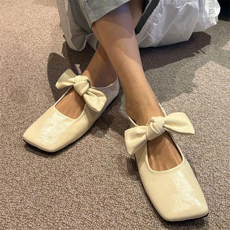 Fashion IPPEUM Women Elegant Leather Mary Jane With Square Toe With Bow Brown Ballet Flats