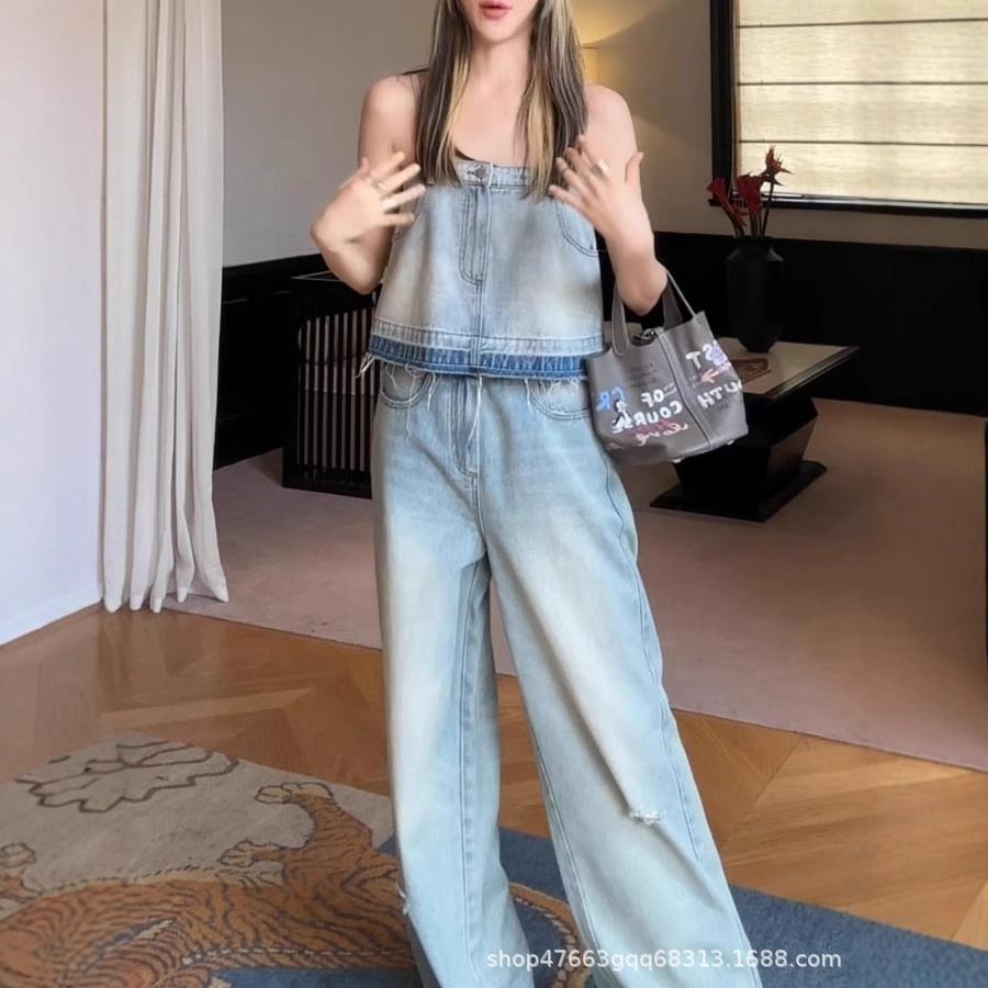 Retro temperament age-reducing denim suspender vest top high waist casual wide-leg pants 1116 summer new suit women