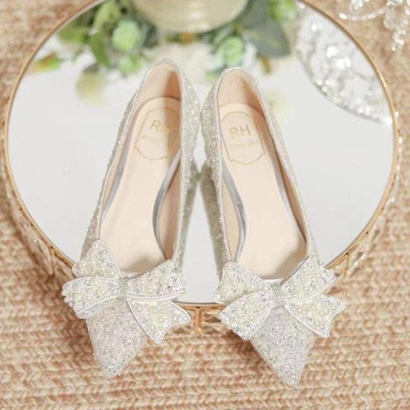 New Full Diamond Bow High Heels for Women, Thick Heels with Sequins, Bridesmaid Wedding Shoes, Pointed Shallow Mouth Pumps