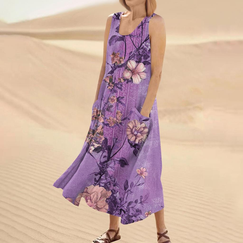 Women's Summer Casual Fashion Flower Printed Sleeveless Round Neck Pocket Dress