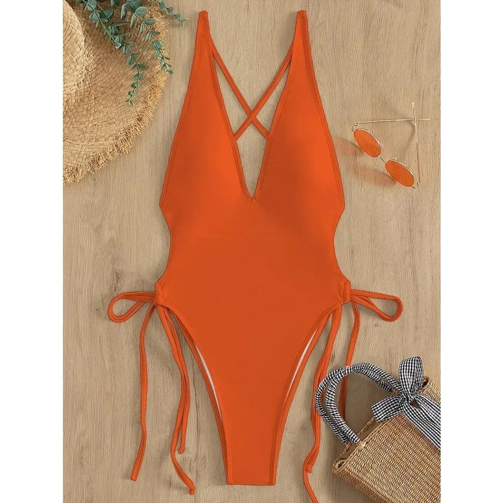 Fashion Solid Deep V Neck One Piece Swimsuit Women Yellow White Hollow Out Pleate Swimwear Beach Bandage Bathing Suit Monokini