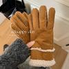 Suede Five  Finger Gloves for Women Lamb Wool Winter Warm Plus Velvet Cycling Windproof Cycling Electric Bicycle Winter Men