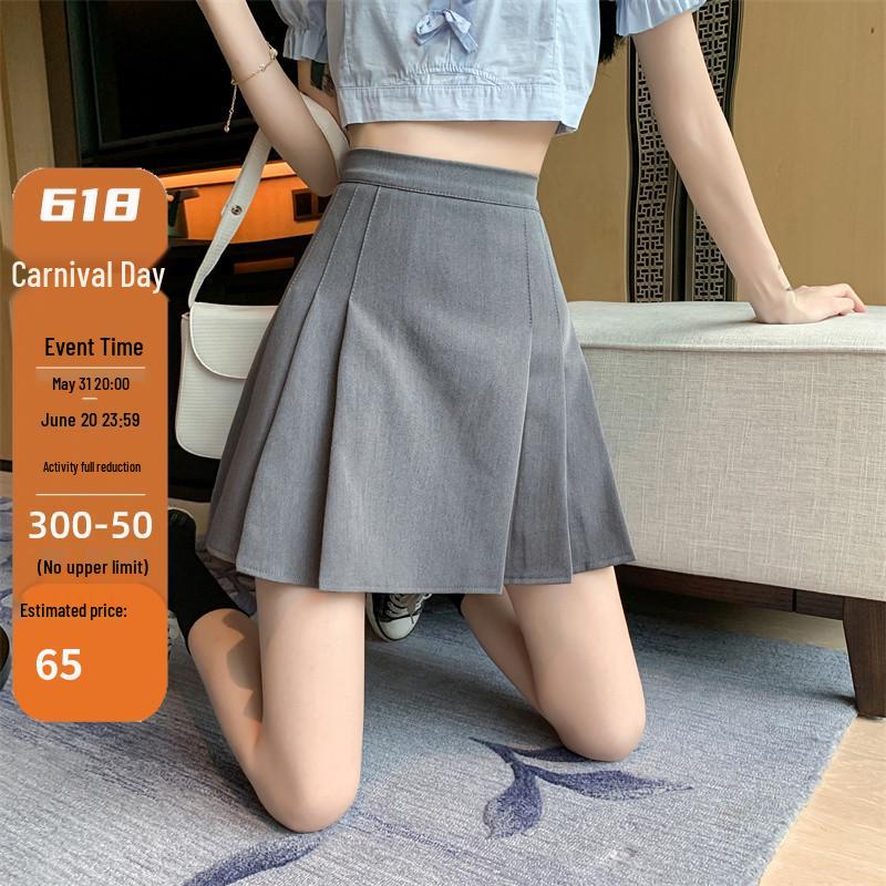 

2024 Summer Plus Size High Waist Grey Pleated A-line Midi Skirt XS