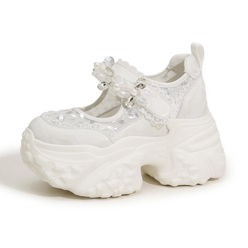 

Туфли Мэри Джейн на платформе женские 2025 лето новые туфли на липучке сандалии со стразами в виде цветов универсальные с внутренней высотой увеличивающей рост женские туфли 39 белый