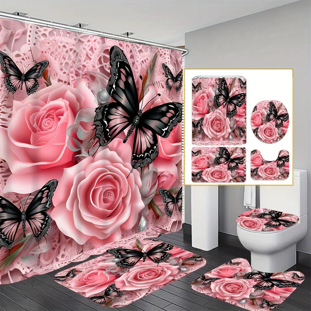 Ensemble de salle de bain récif corallien sous-marin enchanteur - Rideau de douche imperméable, Housse de couvercle de toilette, Tapis de bain et Tapis contour