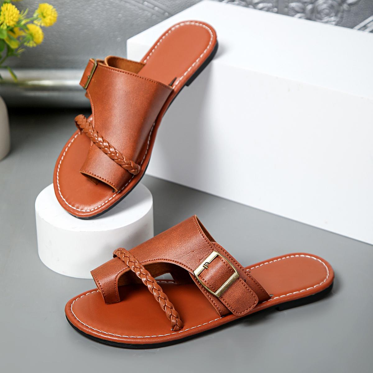 

Summer Solid Color Flat Sandals 2026 Open Toe Outdoor Slippers Beach Women s Shoes Plus Size Shoes 43 коричневий