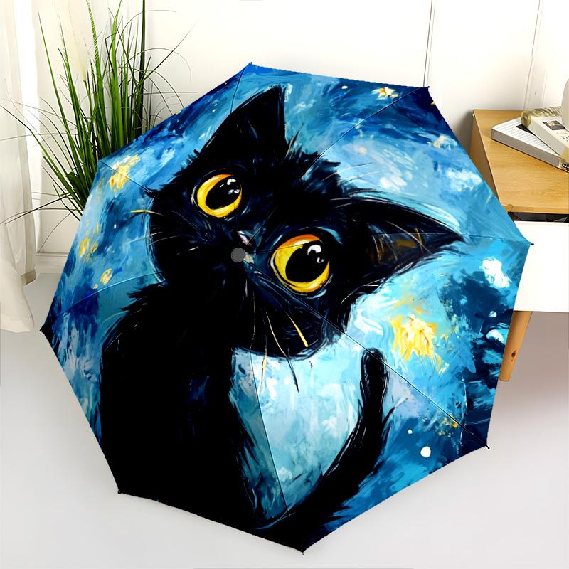 Night Cat  pattern, automatic folding umbrella, portable and foldable design, 8 ribs, a Christmas or birthday gift.