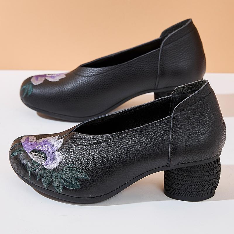 Fashion GKTINOO 2025 Spring Embroidery Genuine Cow Leather Shoes Women Shoes Fashion Mom Shoes Woman Ethnic Handmade Shoes High Heels