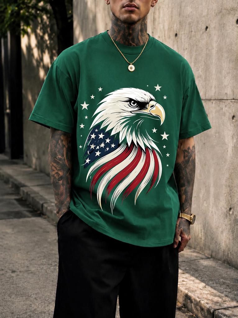 2026 New Pure Cotton Tshirt With American Bald Eagle Patriotic Print Crew Neck Short Sleeve Casual Top