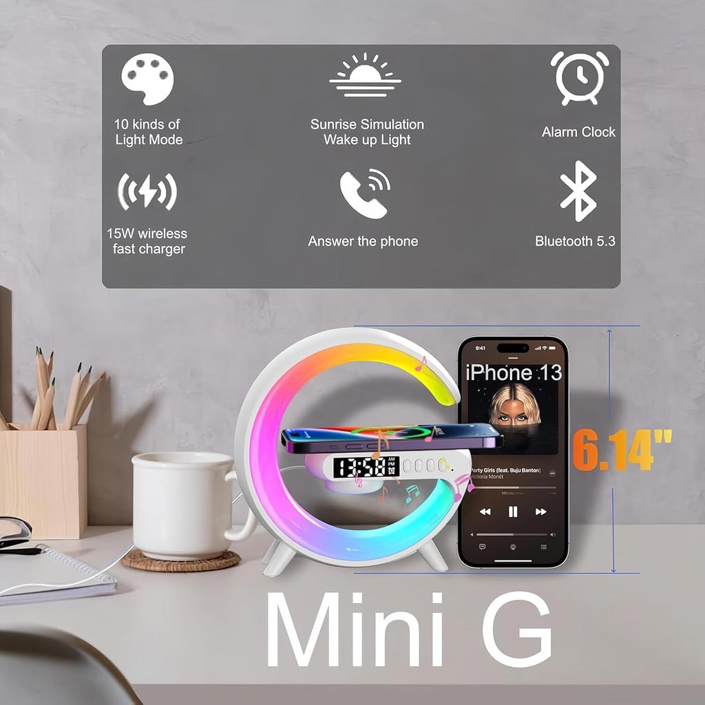 LED Table Lamp with Wireless Charger, Mini G Atmosphere Lamp with Bluetooth Speaker, Night Light Lamp Sunrise Alarm Clock, Smart Light Sound Machine